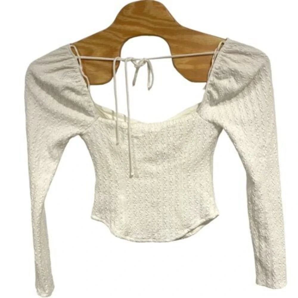 Free People Brittany Smocked Top Winter White Tie Back Long Sleeve M
